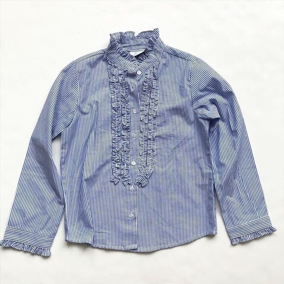epk blue stripe ruffle button down shirt EUC 8Y - Picture 1 of 5
